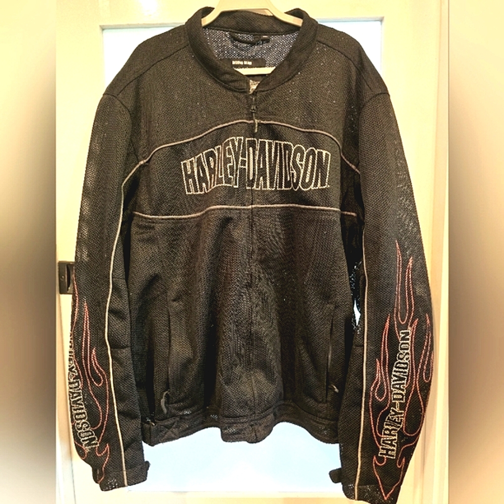 3XL Harley-Davidson Black Mesh Jacket with Orange Flame Accents